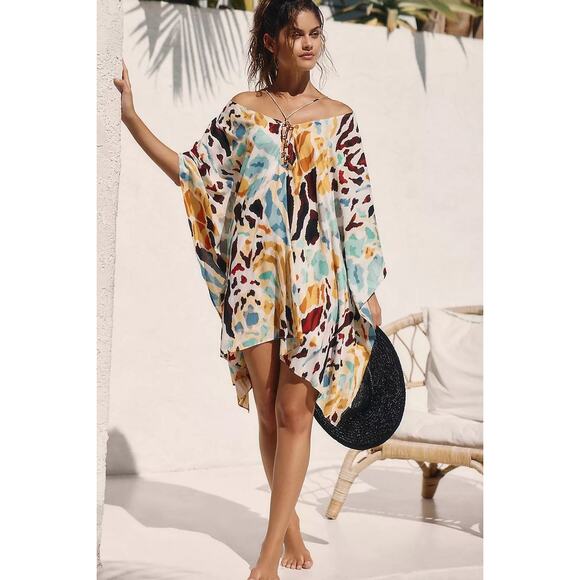 Anthropologie Other - Anthropologie Printed Stappy Beaded Neck Tie Oversized Beach Mini Coverup Dress